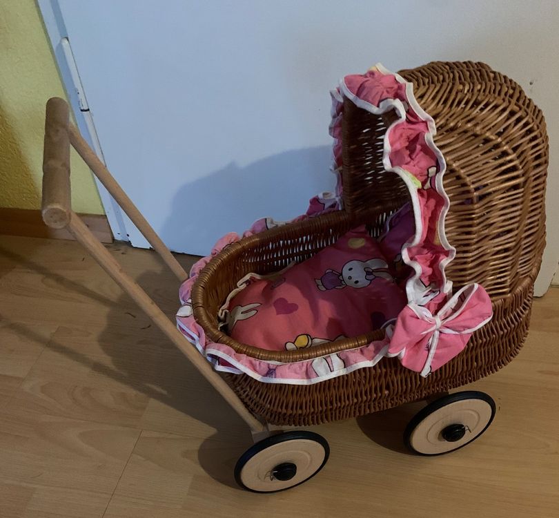 E-wicker24 Alles Aus Weide Wagen Korbanhänger Korbpuppenwagen Korbwagen Perfekte Geschenkidee Für Jungen Und Mädchen Spielzeug Aus Korbgeflecht Lauflernwagen Weide (Blue