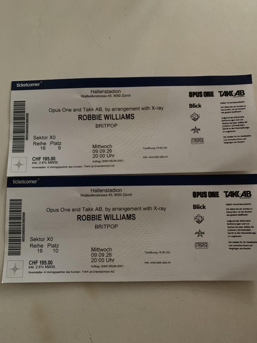 Biglietti: 2 Tickets Konzert Robbie Williams am 9.9.26 – Nuovo e nell'imballaggio originale da Remigen venduto da Jasmine210