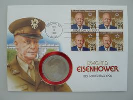 1990 Numisbrief: 100. Geb. Dwight D. Eisenhower mit 1$-Münze