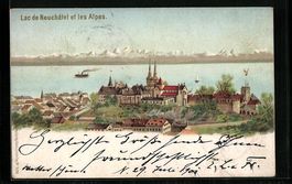 Litho Neuchatel, le Lac et les Alpes