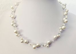Damenhalskette Perlenkette in Perlweiss und Crystal