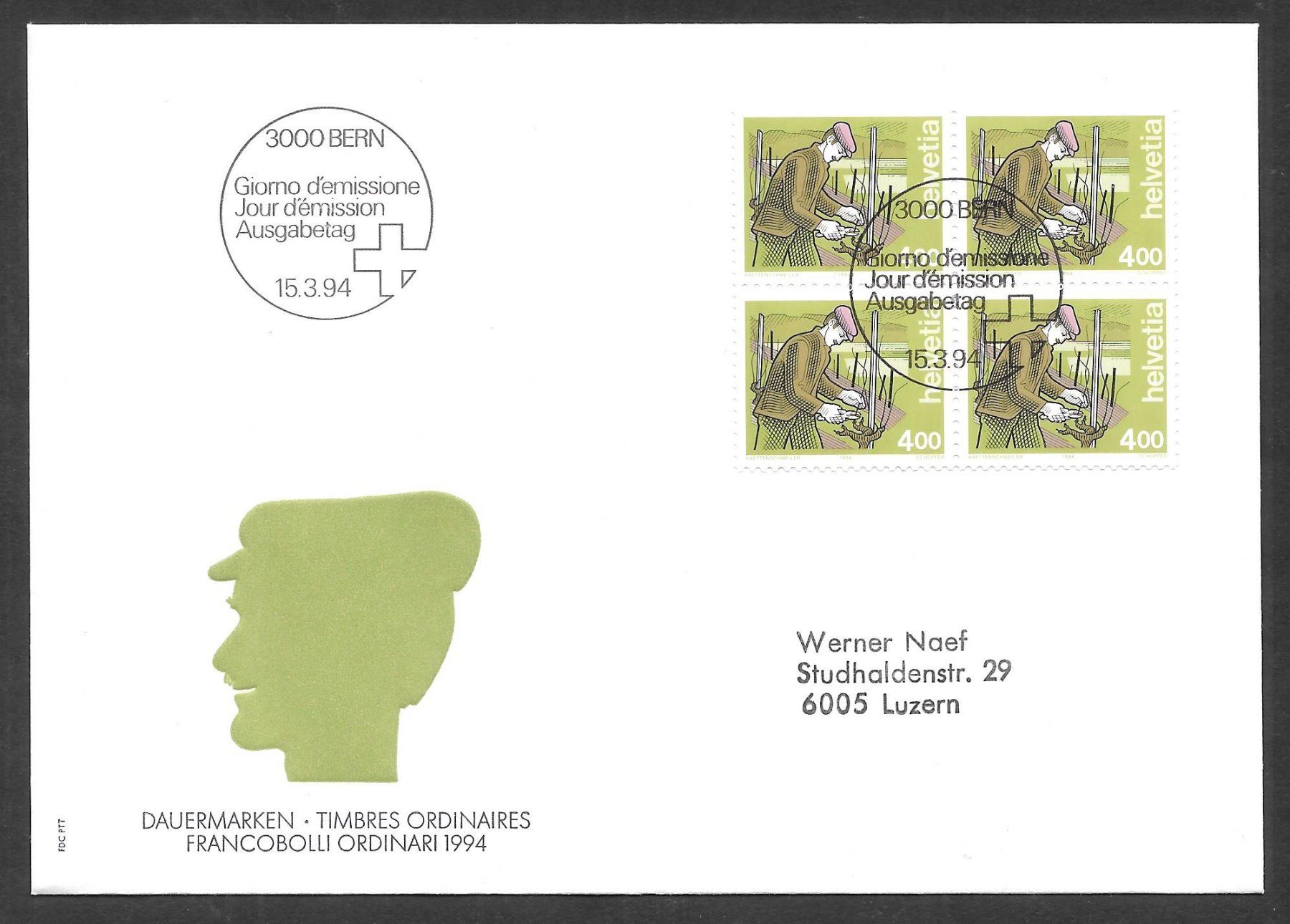 Tutti i francobolli: FDC Nr. 853 Viererblock Winzer ET Bern 15.3.1994 – Nuovo (secondo la descrizione) da Olten venduto da clotaldi