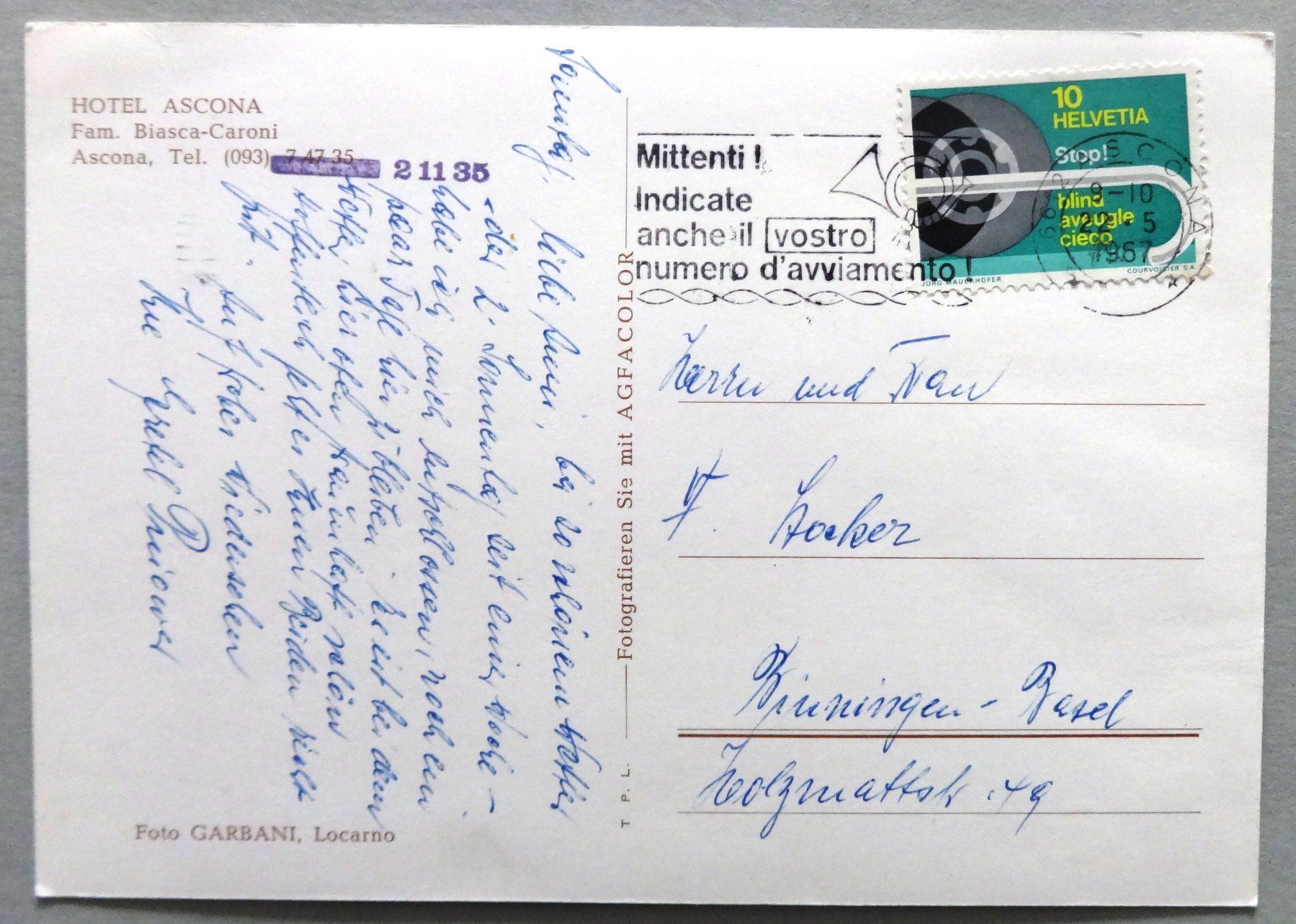 Cartes postales: Hotel Ascona, Ascona – D'occasion à Fétigny par Billy2miny 1