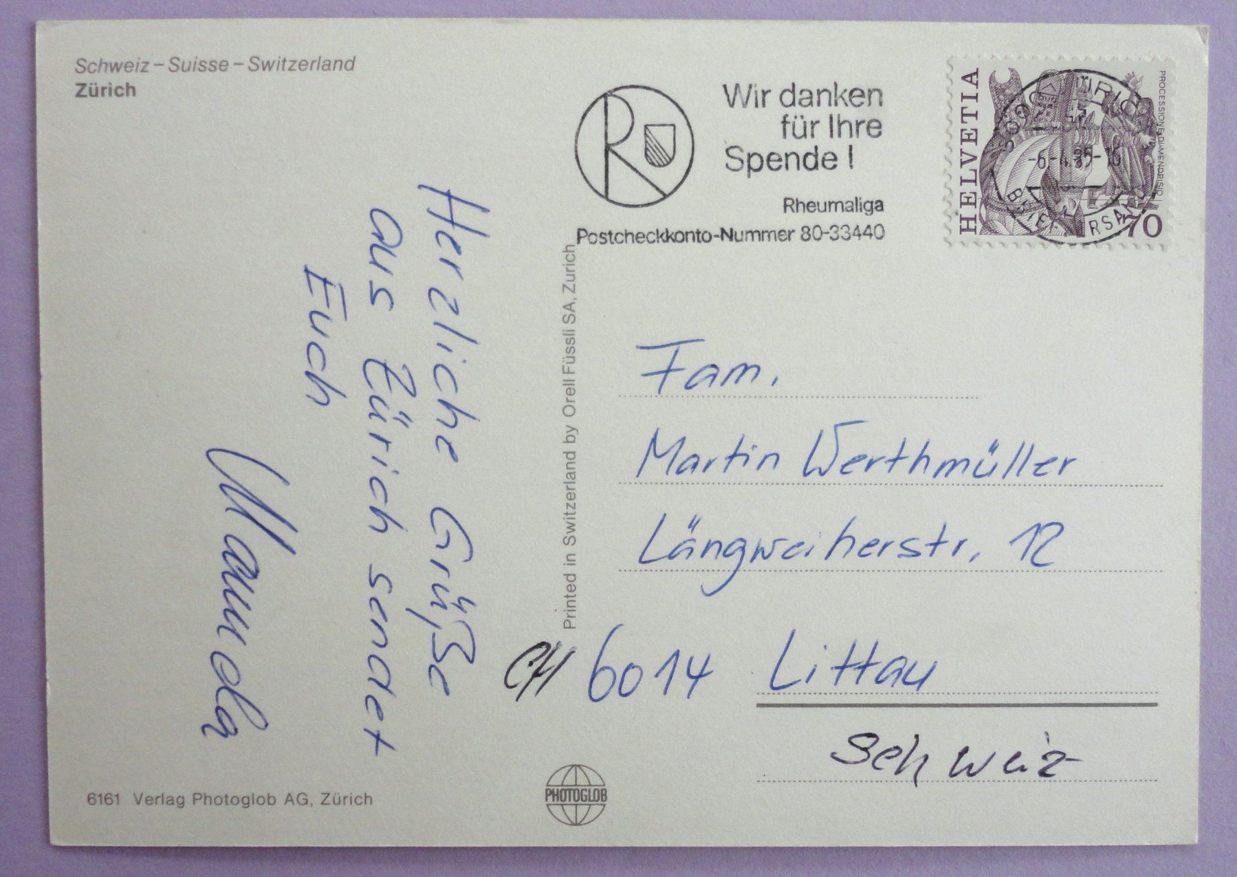 Cartoline postali: Zürich – Usato da Fétigny venduto da Billy2miny 1