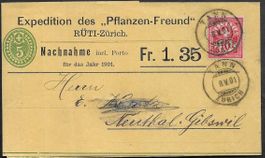 1901 Privat GS-Streifband 5c. bedruckt RÜTI Zusatzfr. ab 1.-