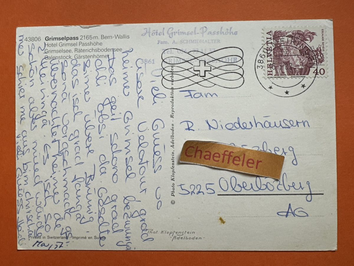 Cartoline postali: 1982 Grimsel – Usato da Zürich venduto da Chaeffeler 1