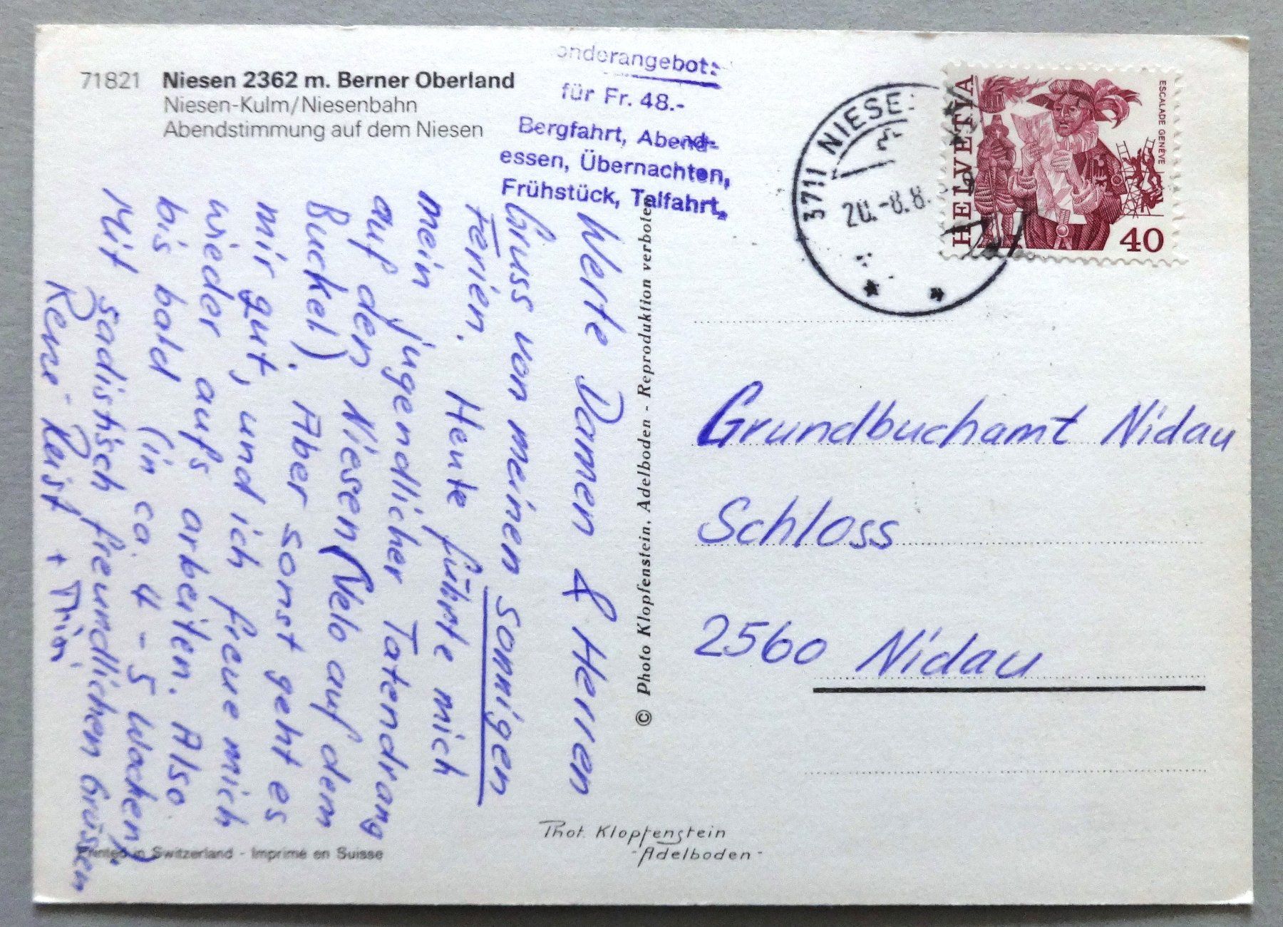 Cartes postales: Niesen 2362 m, B.O. – D'occasion à Fétigny par Billy2miny 1