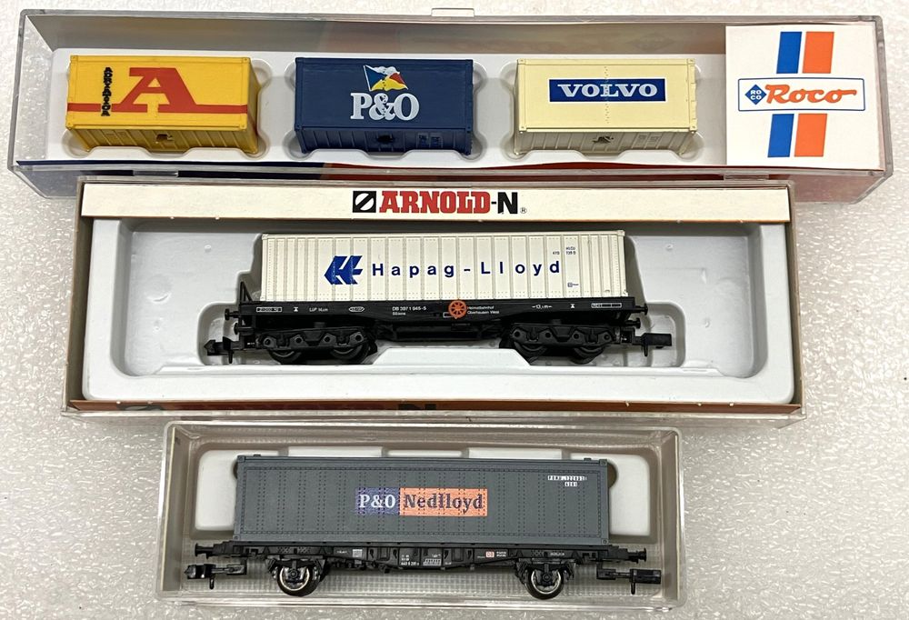 Modelleisenbahnen: Arnold Roco FM N= 2x Containerwagen Hapag-Lloyd - P&O Volvo – Neu (gemäss Beschreibung) aus Thun von retoolinoo