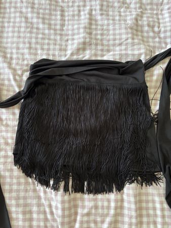 Black Fringe Mini Skirt / Tie-Side Wrap 