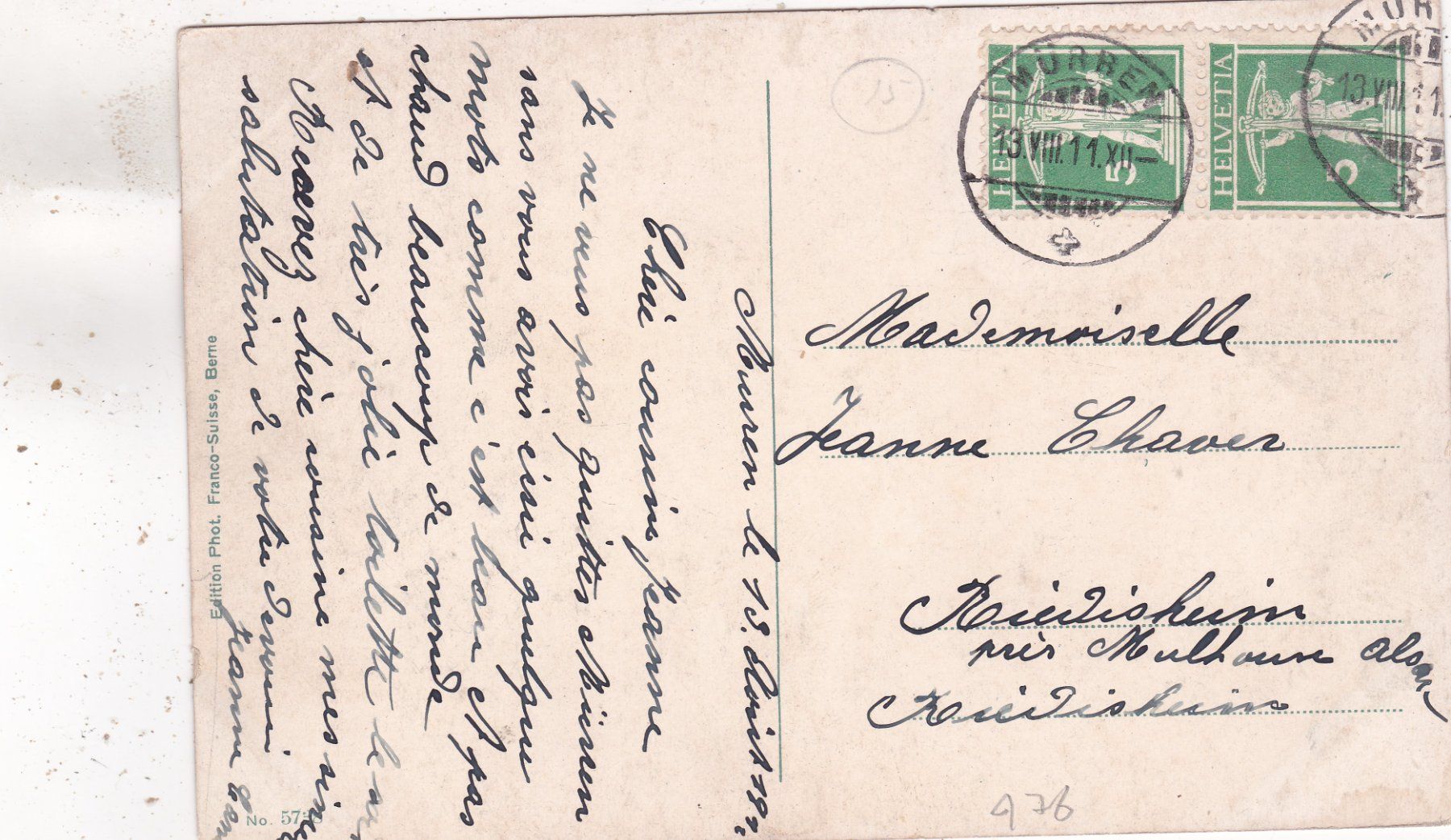 Cartoline postali: Mürren mit Eiger Mönch und Jungfrau 1911 – Usato da Herisau venduto da Lisegrat2008 1