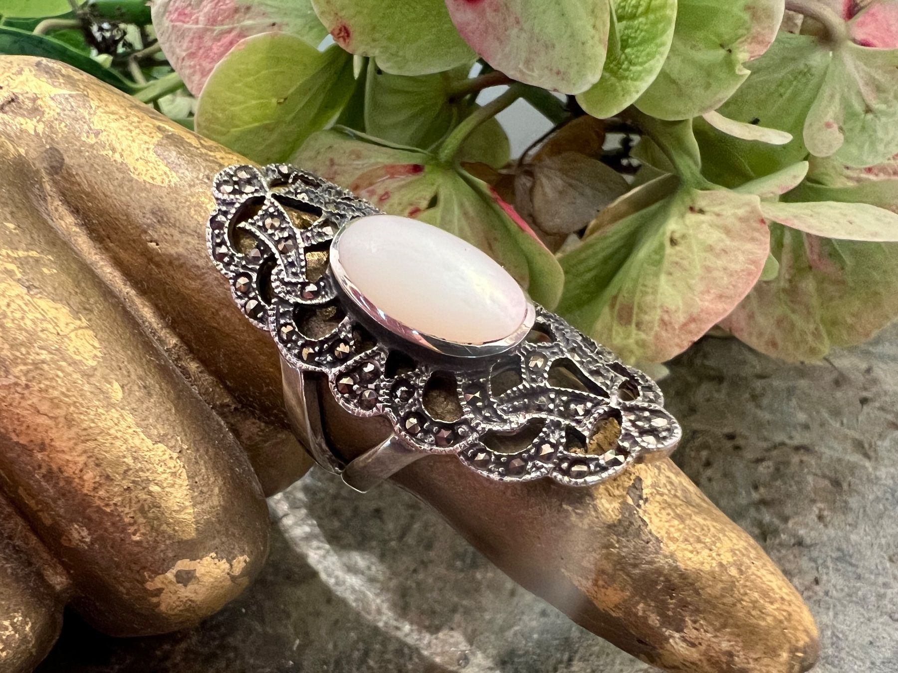 Anelli: Ring Art Deco Stil 925 Silber Markasiten und Perlmutter 57 – Nuovo (secondo la descrizione) da Bern venduto da Jiffy 1