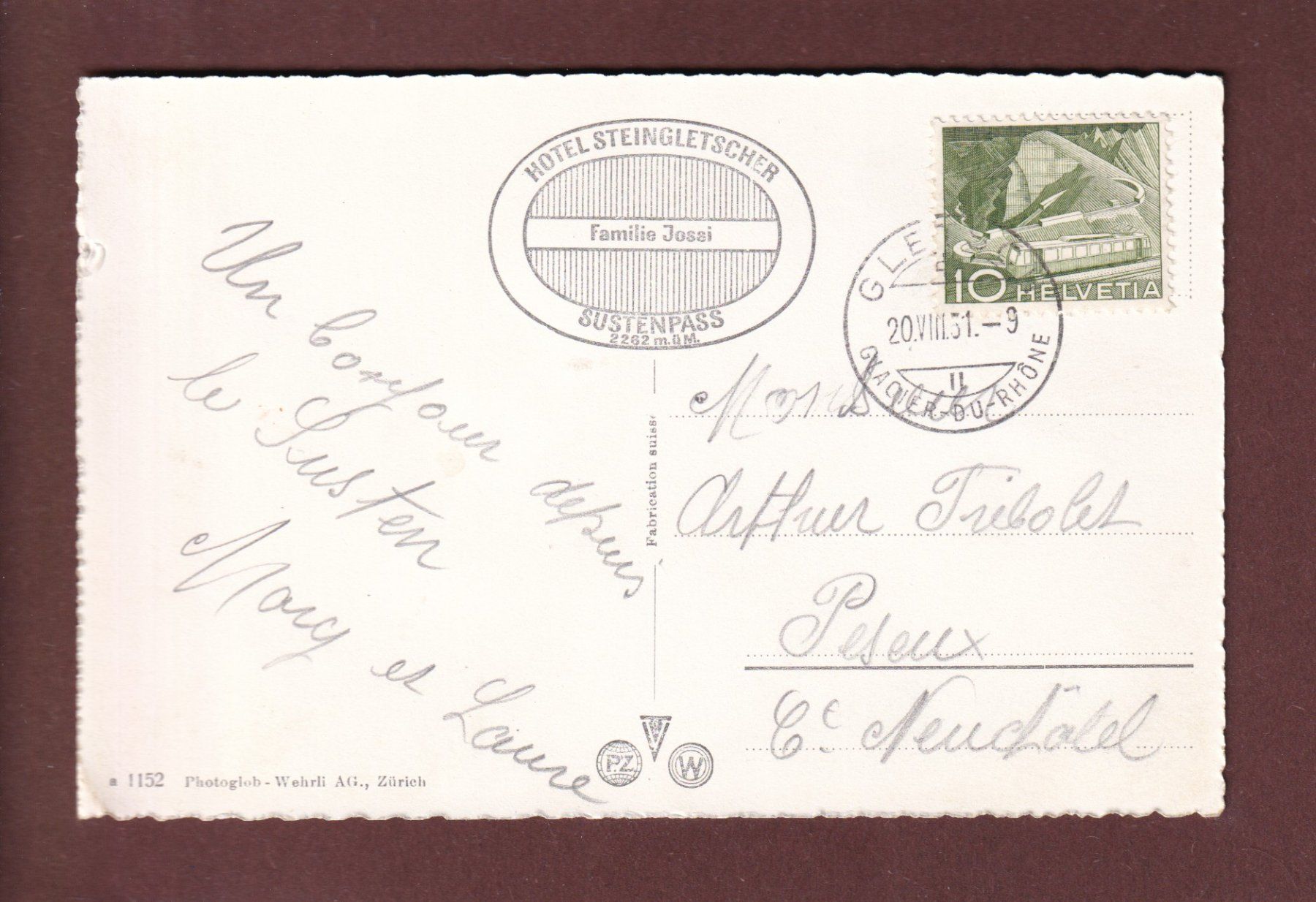 Cartoline postali: SUSTENSTRASSE - Wendenstöcke - 1951 – Usato da Pully venduto da nicecards 1