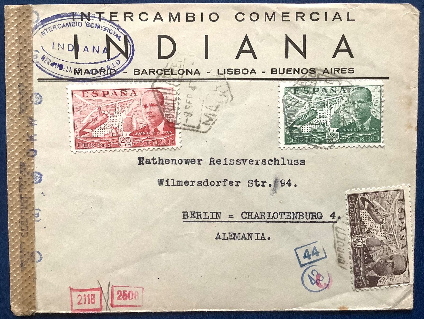 Tutti i francobolli: 1943 Spanien Flugpost Doppel Zensur DR- Span.Madrid / Berlin – Usato da Liestal venduto da Skunk02