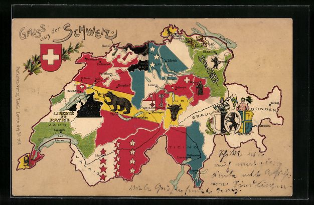 Cartoline postali: Schweiz, Landkarte mit den schweizer Kan – Usato da Berlin venduto da bartko-reher