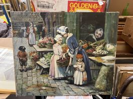 Huile sur toile ancienne signée, scène de marché aux fleurs