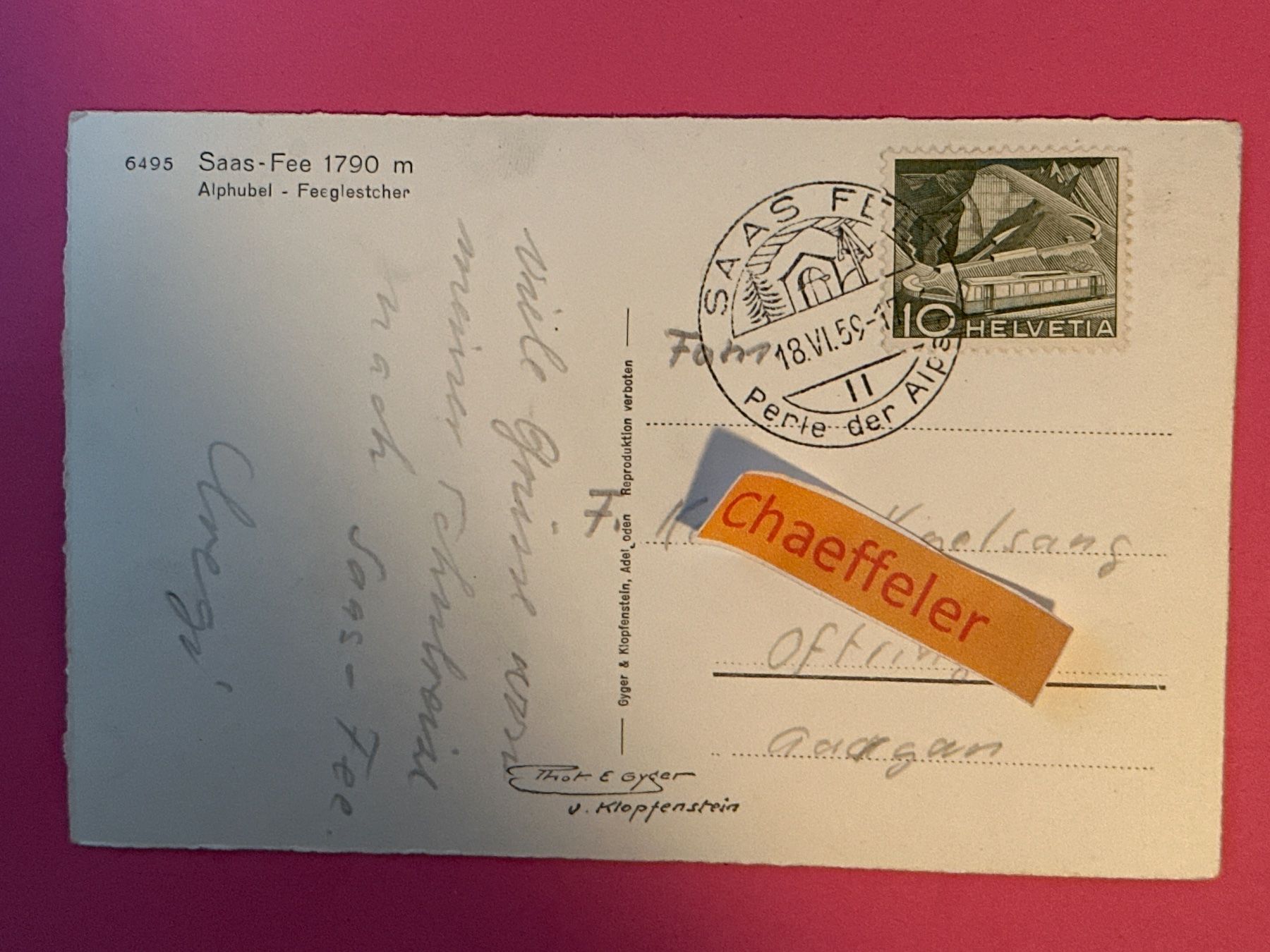 Cartes postales: 1959 6495 Saas-Fee, Alphubel - Feegletscher – D'occasion à Zürich par Chaeffeler 1