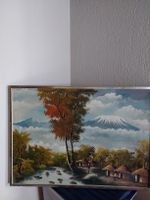 Ölgemälde Afrika Savannenlandschaft mit Bergen und Hütten 