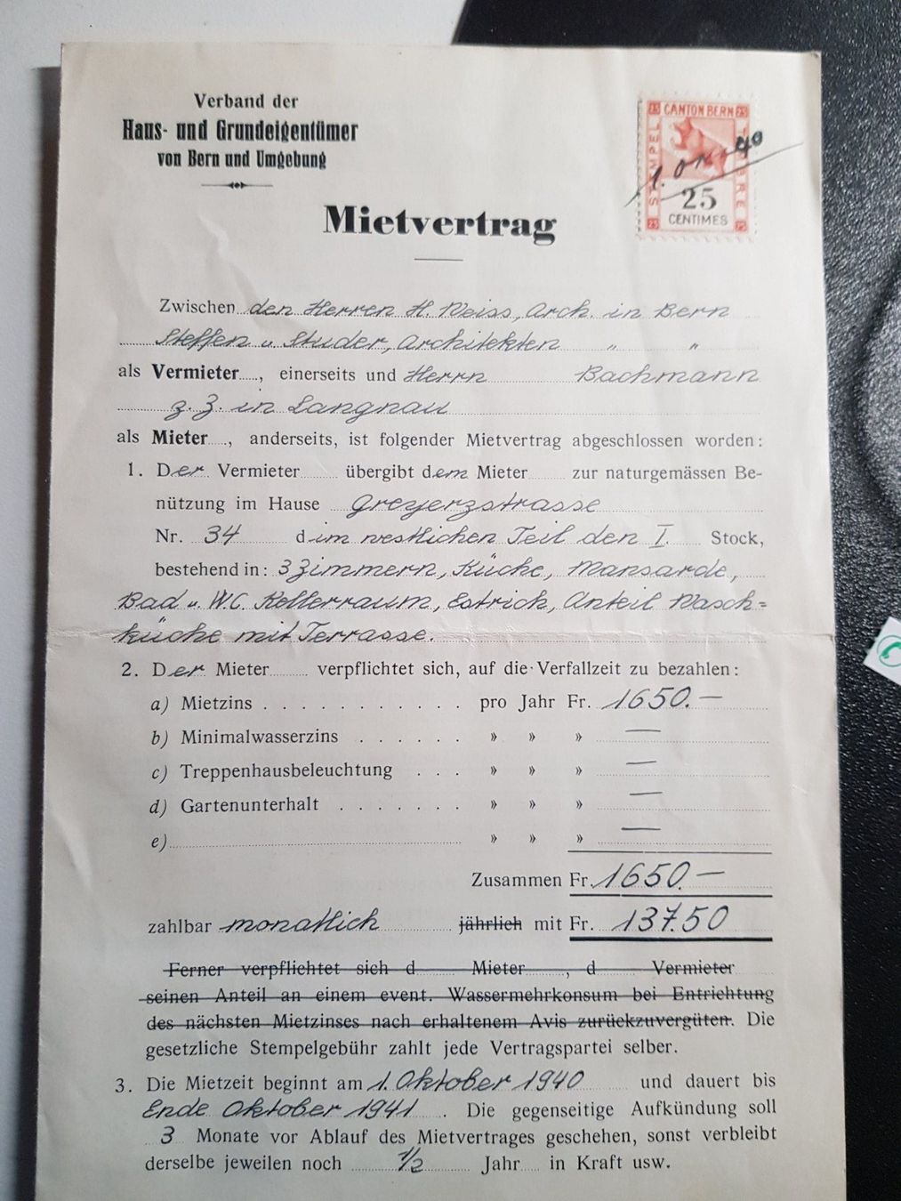 Documenti: antiker Miet Vertrag 1940 HEV Bern mit Marke – Usato da Walterswil BE venduto da Lonitti 2