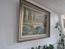 Gemälde Oel mit Berglandschaft im Sommer, gerahmt, vintage ?