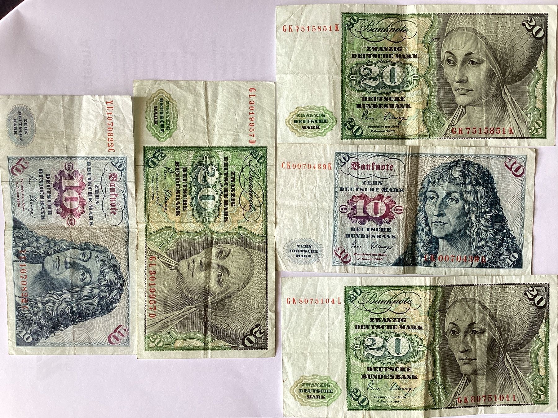Banknoten: 3 x 20 DM  +  2 x 10 DM – Gebraucht aus Buchs SG von Racesnail