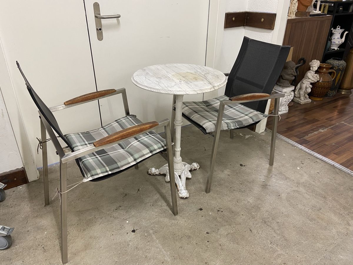 Tavoli: Gartentisch mit 2 Stühlen, Marmorplatte, Vintage Stil – Usato da Dietikon venduto da brocki-eyra 4