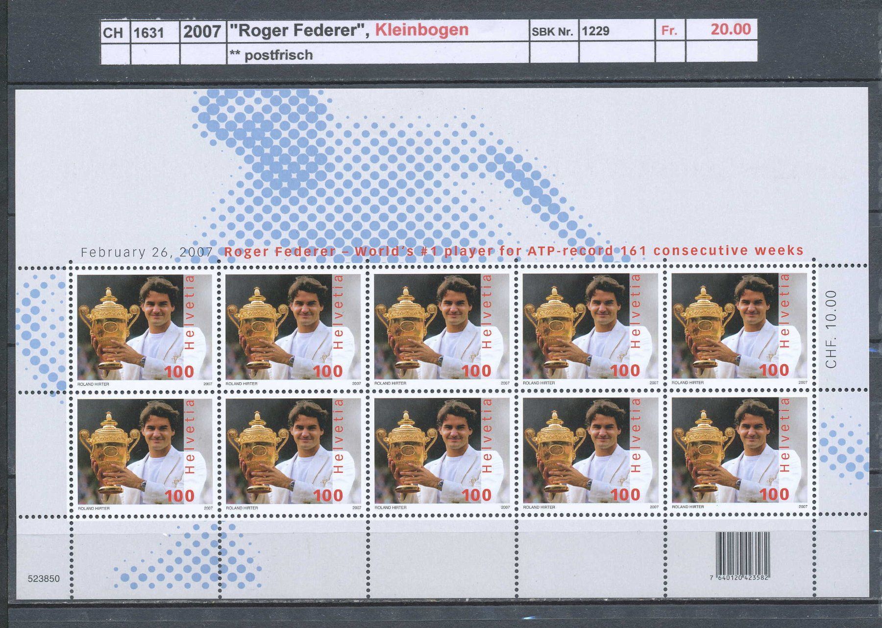 Tous les timbres: 2007 "Roger Federer", Kleinbogen, ** postfrisch – Neuf (Voir description) à Winterthur par Zupogeru