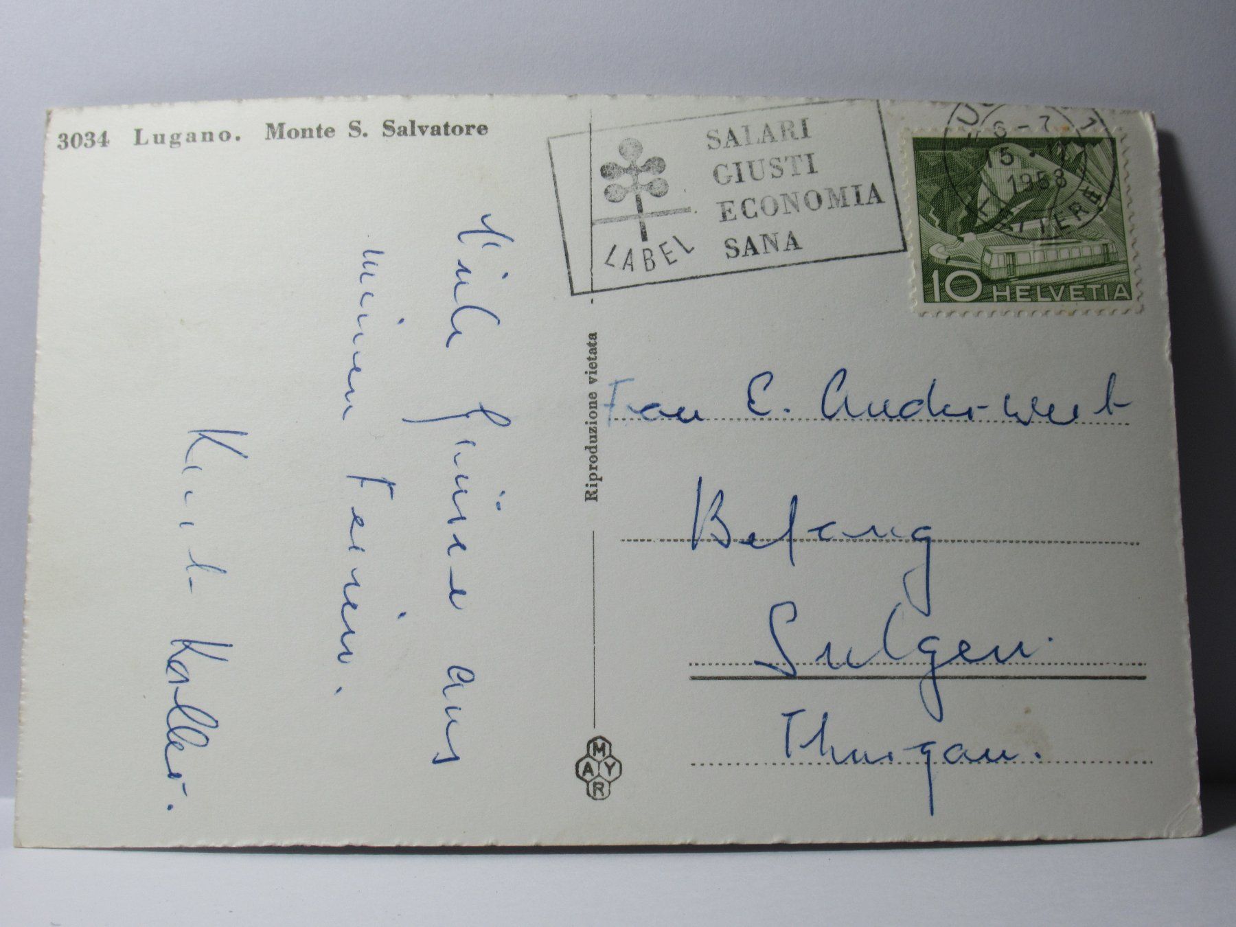 Cartoline postali: Lugano , Monte S. Salvatore 1958 – Usato da Grenchen venduto da Bluemchen1900 1