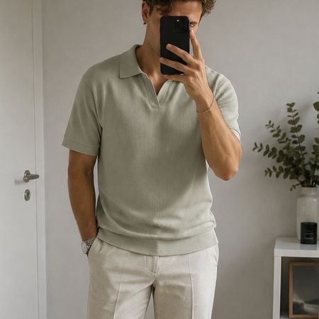 Herren Polo Shirt Rippenstrick hellgrau/mint Grösse L