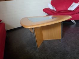 Wohnzimmertisch dreieckig Holz mit Glaseinsatz