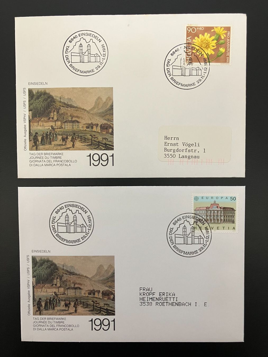 Tutti i francobolli: 2 Couvert Tag der Briefmarke 1991 Einsiedeln – Usato da Solothurn venduto da Tomtom2910