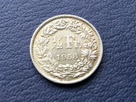 50 Rappen Silbermünze 1958 Ungereinigt