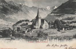 Ansichtskarte Frutigen Kirche und Alpen gelaufen 1907