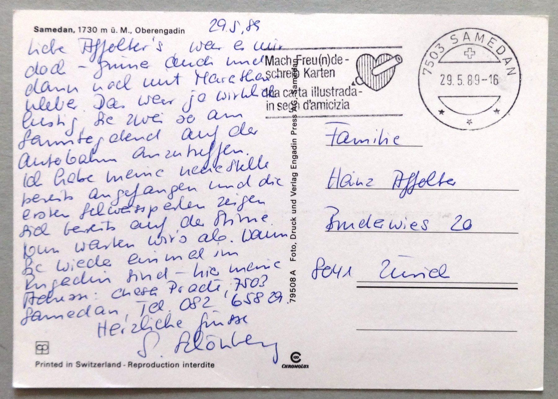 Ansichtskarten: Samedan 1730 m ü.M., Oberengadin – Gebraucht aus Fétigny von Billy2miny 1