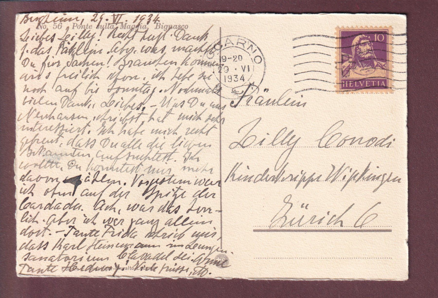 Cartoline postali: BIGNASCO - Ponte sulla Maggia - 1934 – Usato da Pully venduto da nicecards 1