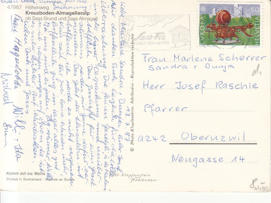 Cartoline postali: Kreuzboden Almagelleralp 1987 – Usato da Bürglen TG venduto da StampGraf 1