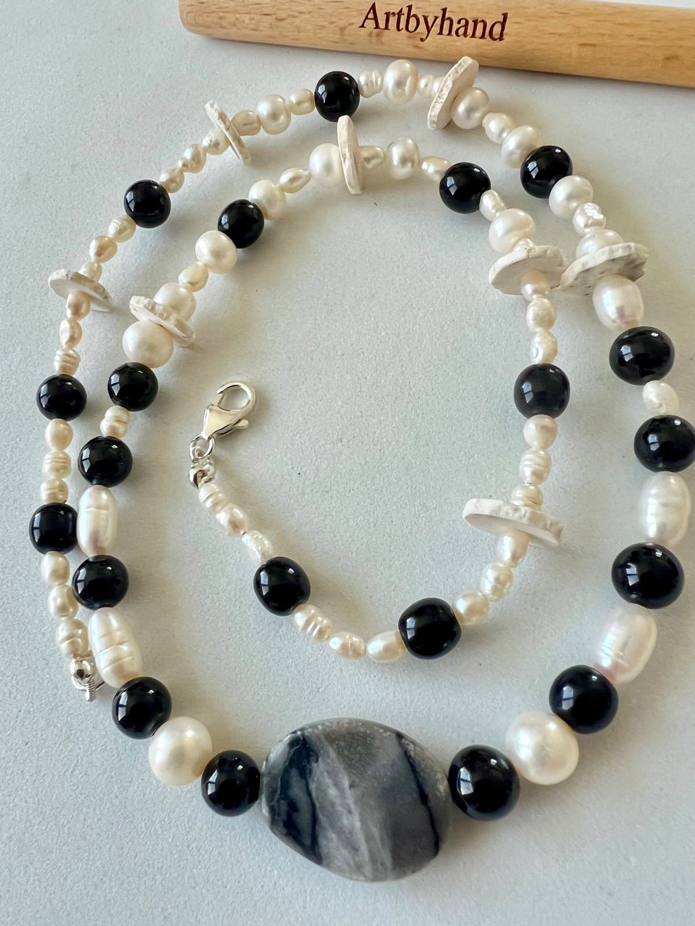 Catenine: Echtperlen Longkette Onyx Picasso Marmor 925 Silber 60cm Neu – Nuovo (secondo la descrizione) da Ruswil venduto da artbyhand 3
