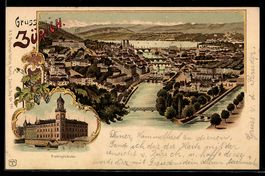 Lithographie Zürich, Ortsansicht mit Fluss, Brücken und Post