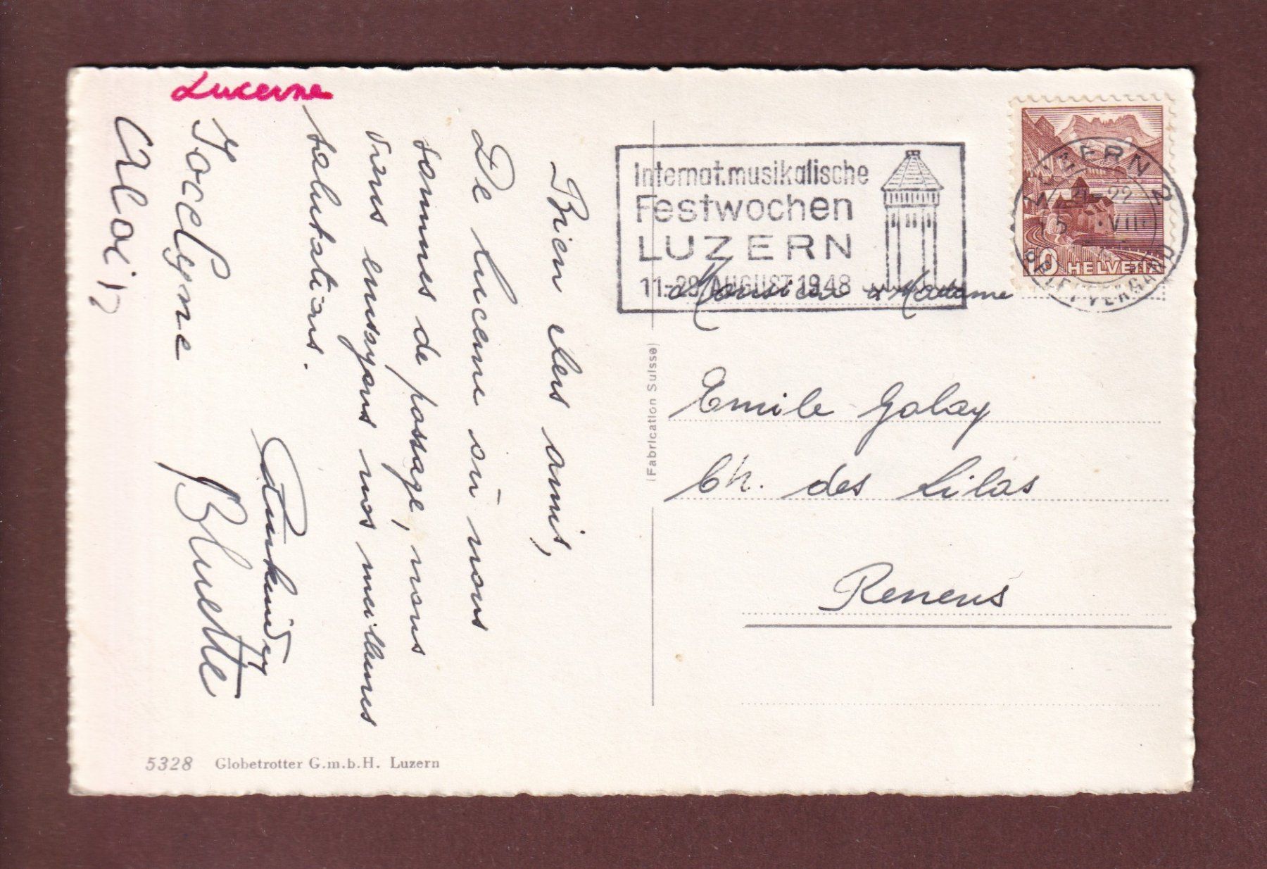 Cartoline postali: LUZERN - Teil mit Hofkirche - 1948 – Usato da Pully venduto da nicecards 1