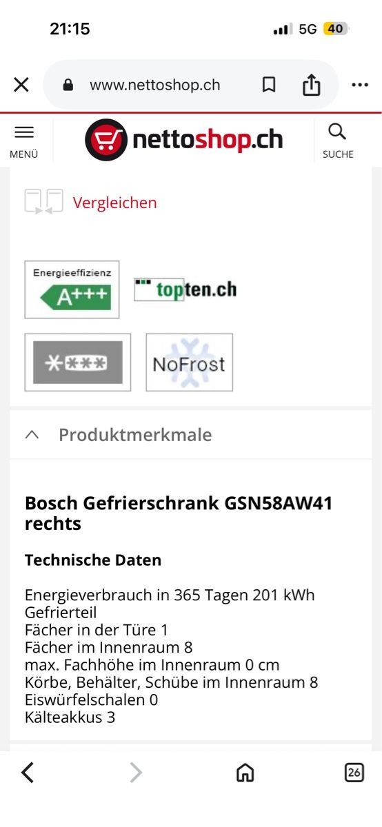 Bosch Congélateurs: Gefrierschrank BOSCH No FROST – D'occasion à Gränichen par R.7 6