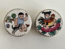 2 Deckeldosen mit Spiegel / Porzellan, Weissmetall 