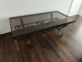 Vintage Couchtisch Schmiedeeisen & Rauchglas Retrodesign