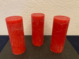 Kerzen 3er Set, je 7x18 cm und je 600g, rot Raureif