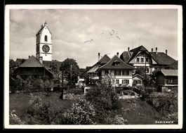 AK Sumiswald, Teilansicht mit Kirche und Fachwerkhaus, Grüna