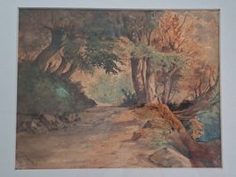 Original Gemälde signiert Waldweg, antik 49x42 cm