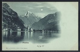 Mondschein-AK Fluelen, Ortspanorama mit 