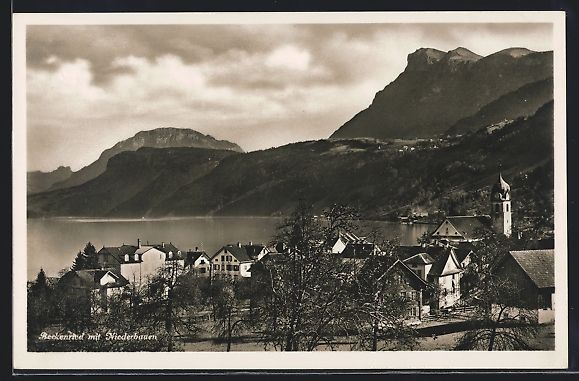 Cartoline postali: Beckenried, Panorama mit Kirche und Berg – Usato da Berlin venduto da bartko-reher