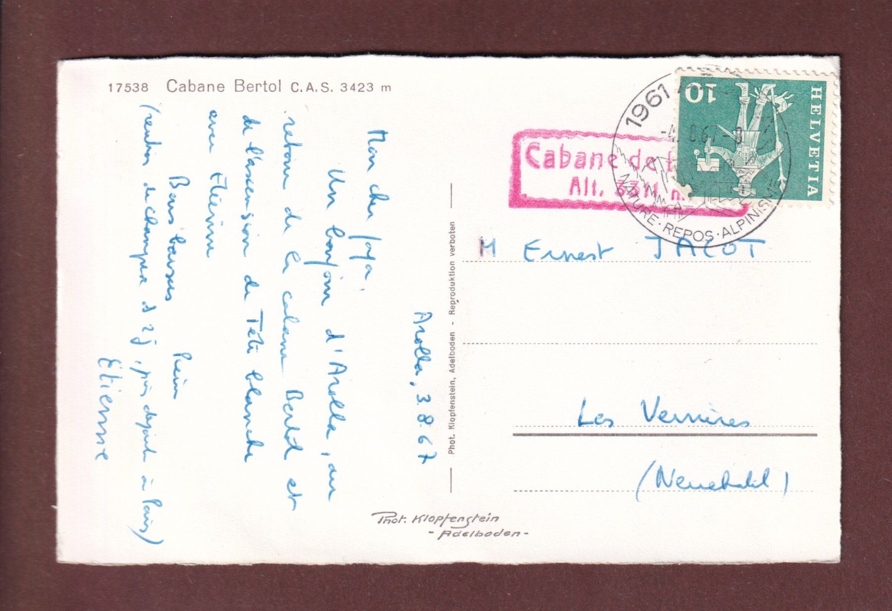 Ansichtskarten: CABANE BERTOL - 1967 – Gebraucht aus Pully von nicecards-shop 1