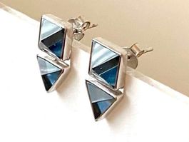 Ohrringe Ohrstecker blau eckig pyramid niete 925 Silber