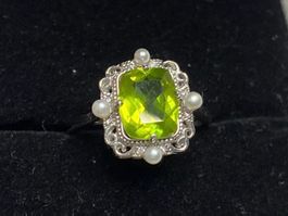 Peridot und Perlen Ring  aus 925 Silber Verstellbar Neu