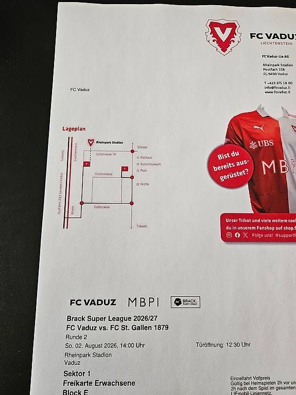 Billets: FC Vaduz - FCSG – D'occasion à Muri AG par Matthias.S